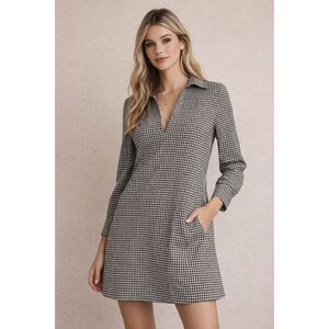 Zara Women's Black/White Check Long Sleeve Mini Dress V-Neck ‎ Pockets Size XS